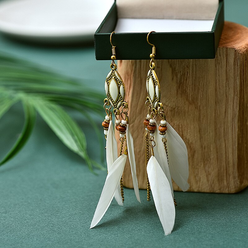 Etnische oorbellen met veren, damessieraden, bohemian zomerse metalen oorbellen met lange kwastjes, indiase sieraden: Stijl 6