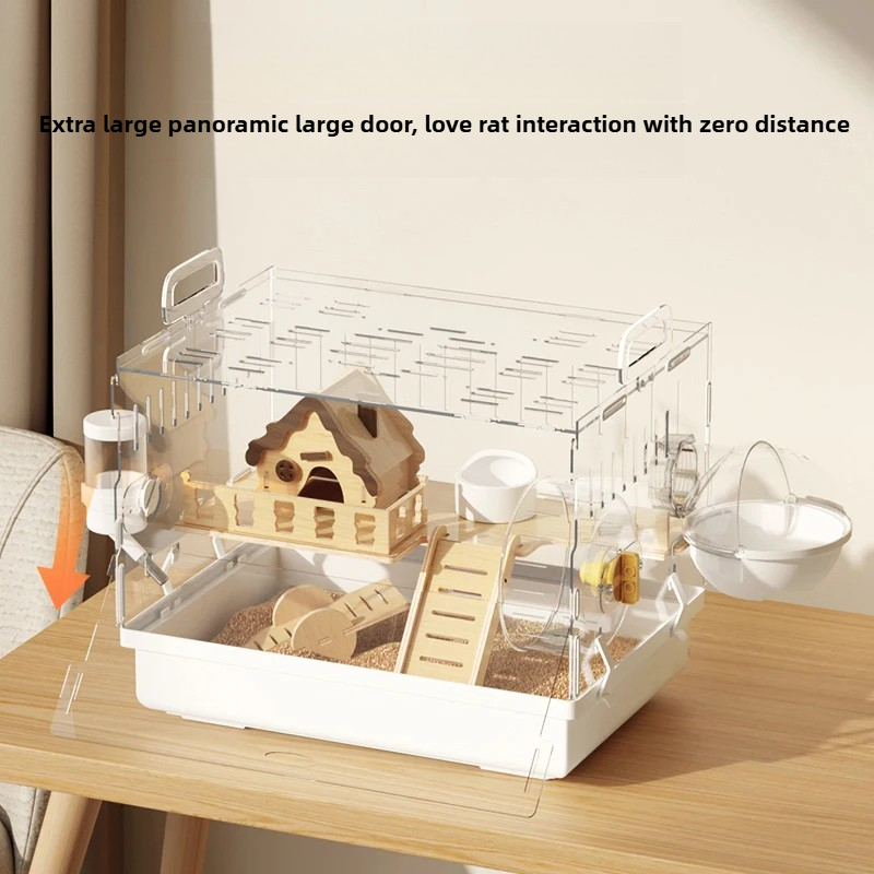 ‌ Jaula para hámster acrílica grande, hábitat de villa de lujo transparente para hámster dorado, casa para animales pequeños de fácil limpieza con accesorios