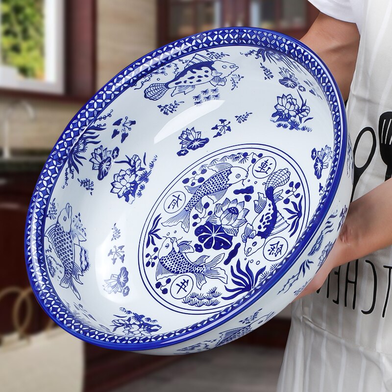 TYMYYS Keramische Pasta Slakom Grote Serveerschaal, Groot Soepbord Diep-wit en blauw-23x23x7cm, 1500ml