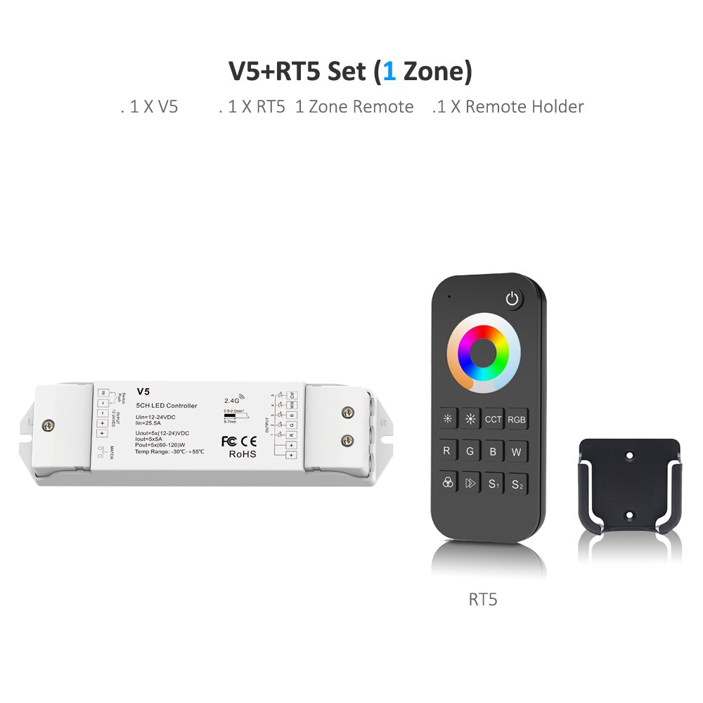 RGBCCT LED Controller 12V 24V 5CH 5A RGB CCT RGBW RGBWW LED Strip Light Controller V5 2.4G RF Wireless Touch Remote Control: V5 and RT5 Set