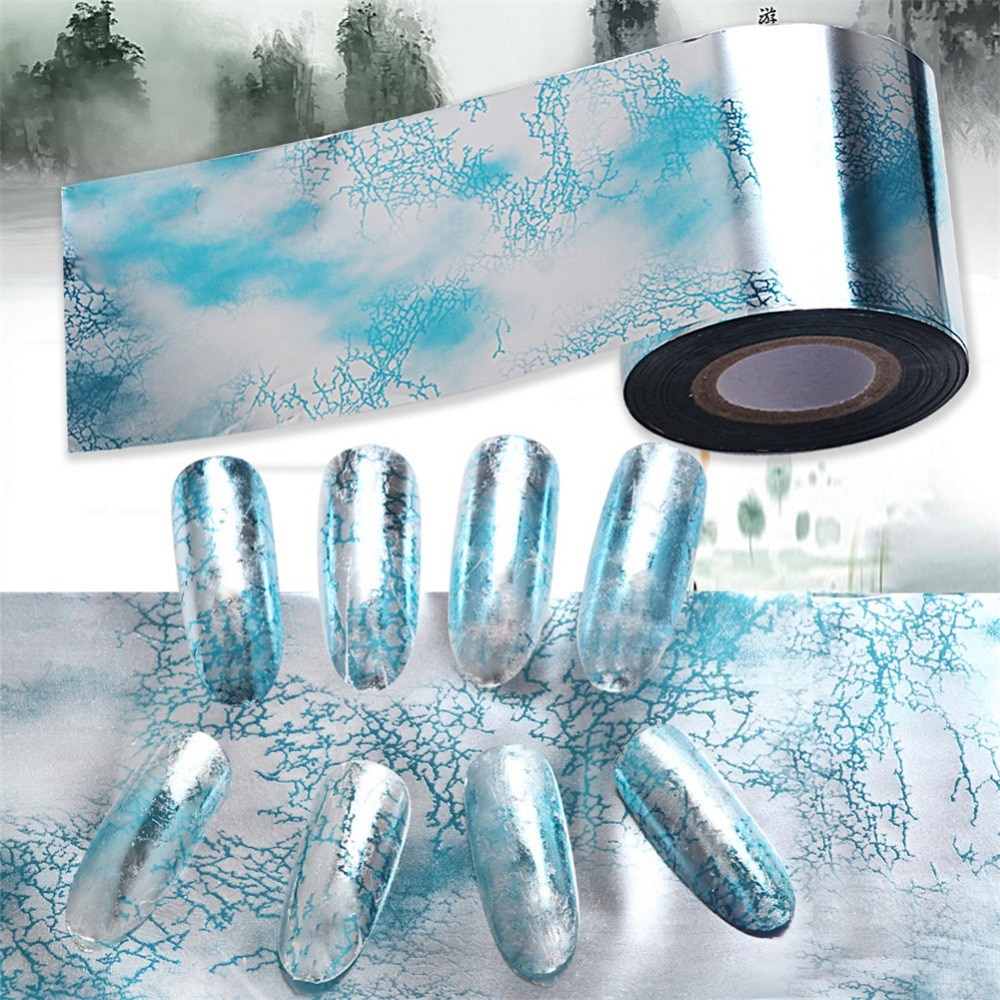 Marmer Stijl Blauw Holografische Sliver Snowflake Nail Folies Witte Sneeuw Kerst Nail Art Transfer Folie Transfer Sticker