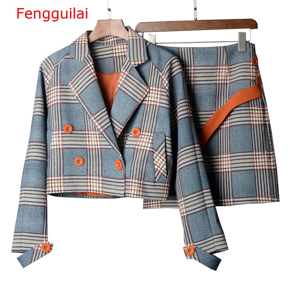 Fengguilai Spring Autumn Two Piece Plaid Skirt Suit Set Women Korean Style Female Set Mini Skirt And Short Jackets Double Breast