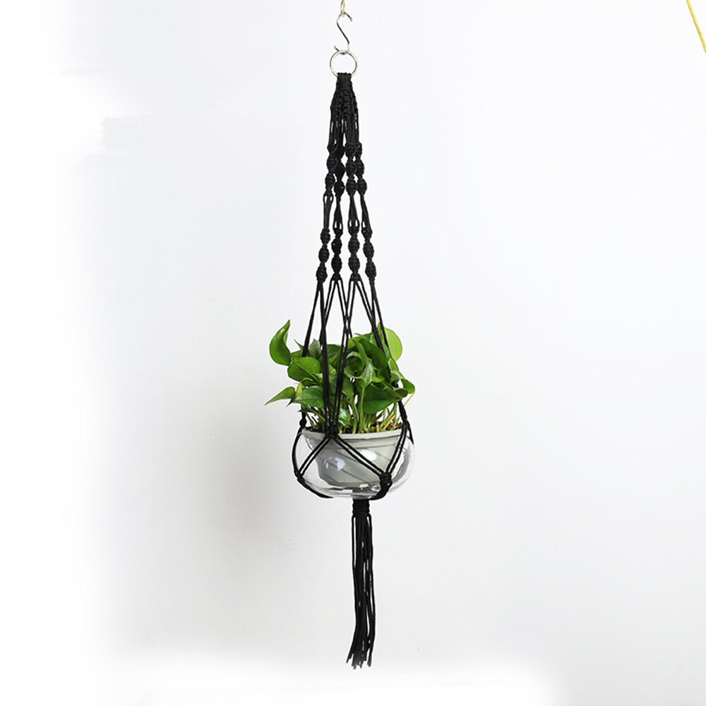 Grydelapper macrame planteophæng hængende planter kurv hamp reb flettet snor taske hjem haveindretning: Sort