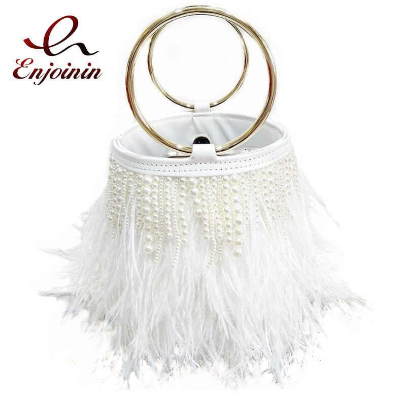 Luxury Ostrich Feather Wedding Purses and Handbags for Women Bucket Tote Pearl Fringe Party Chain Shoulder Bag