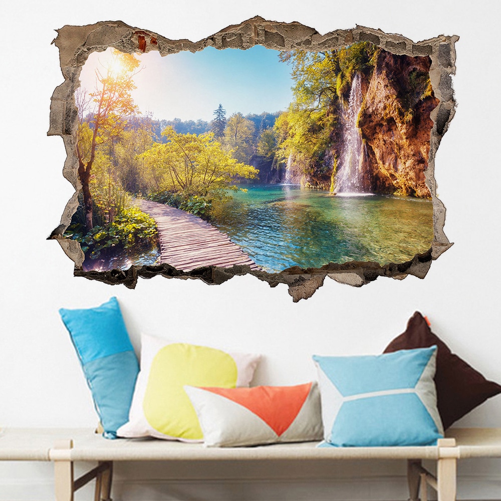 Pegatinas de puerta de paisaje Natural de montaña, pared rota 3D, Mural de vinilo, papel pintado con paisaje
