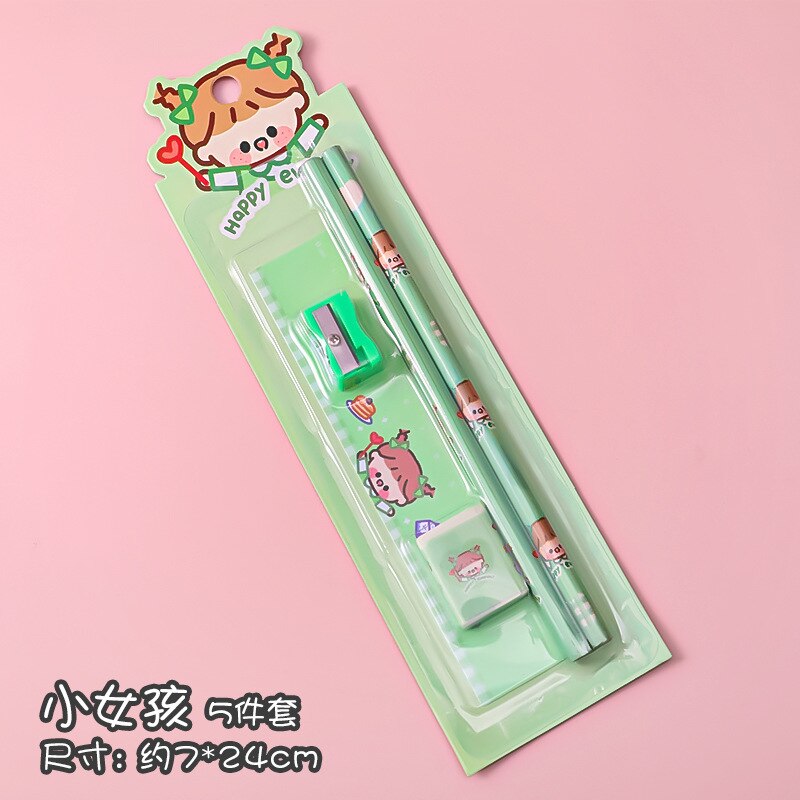 5 In 1 Cartoon Stationery Set Students Learn Pencil Sharpener Eraser Ruler School Drawing Tool Sketch Supplies Kindergarten: Girl