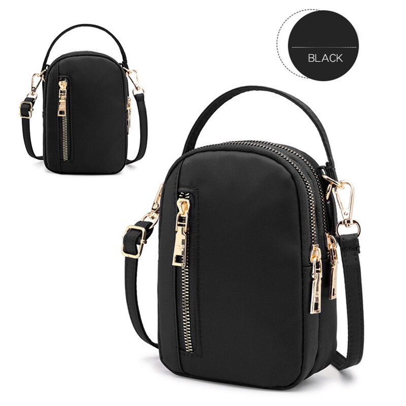Lille crossbody taske mobiltelefon pung multi-lommer nylon pung til kvinder -opk: Sort