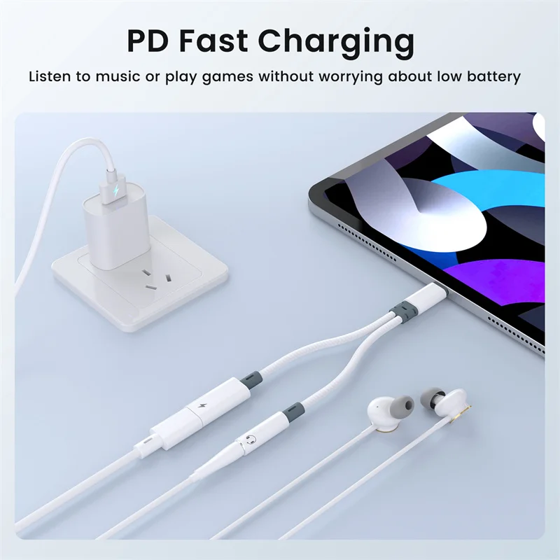 Divisor USB C 2 en 1, PD 60W tipo C a conector de 3,5mm, adaptador de Audio auxiliar para auriculares, cargador rápido tipo C, DAC de 32 bits para iPhone 15 16