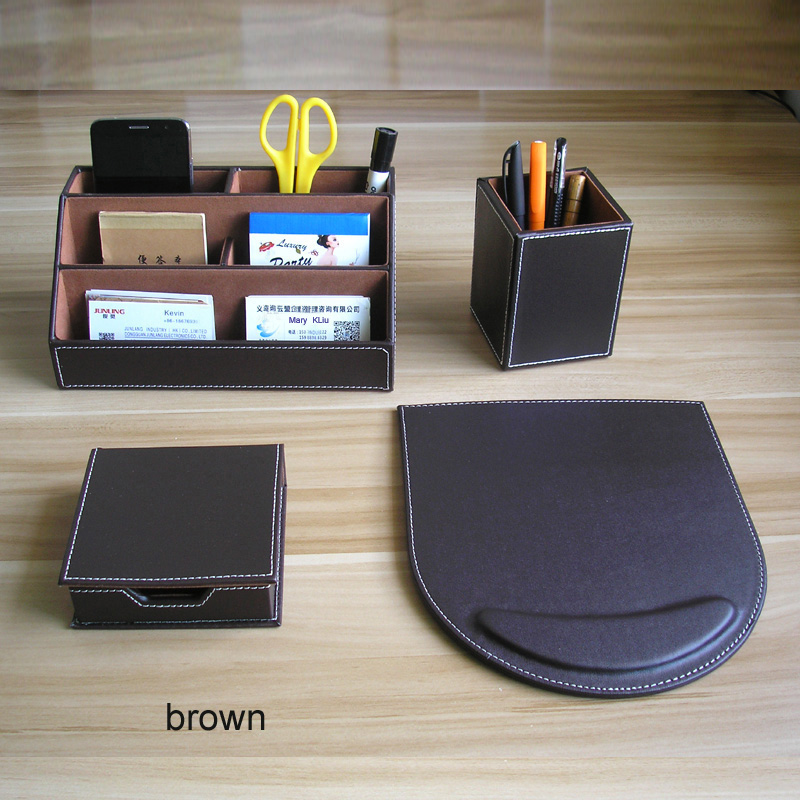 Useful PU leather wood office desk stationery organizer set stationery holderdispensador material de oficina y escritorio K219
