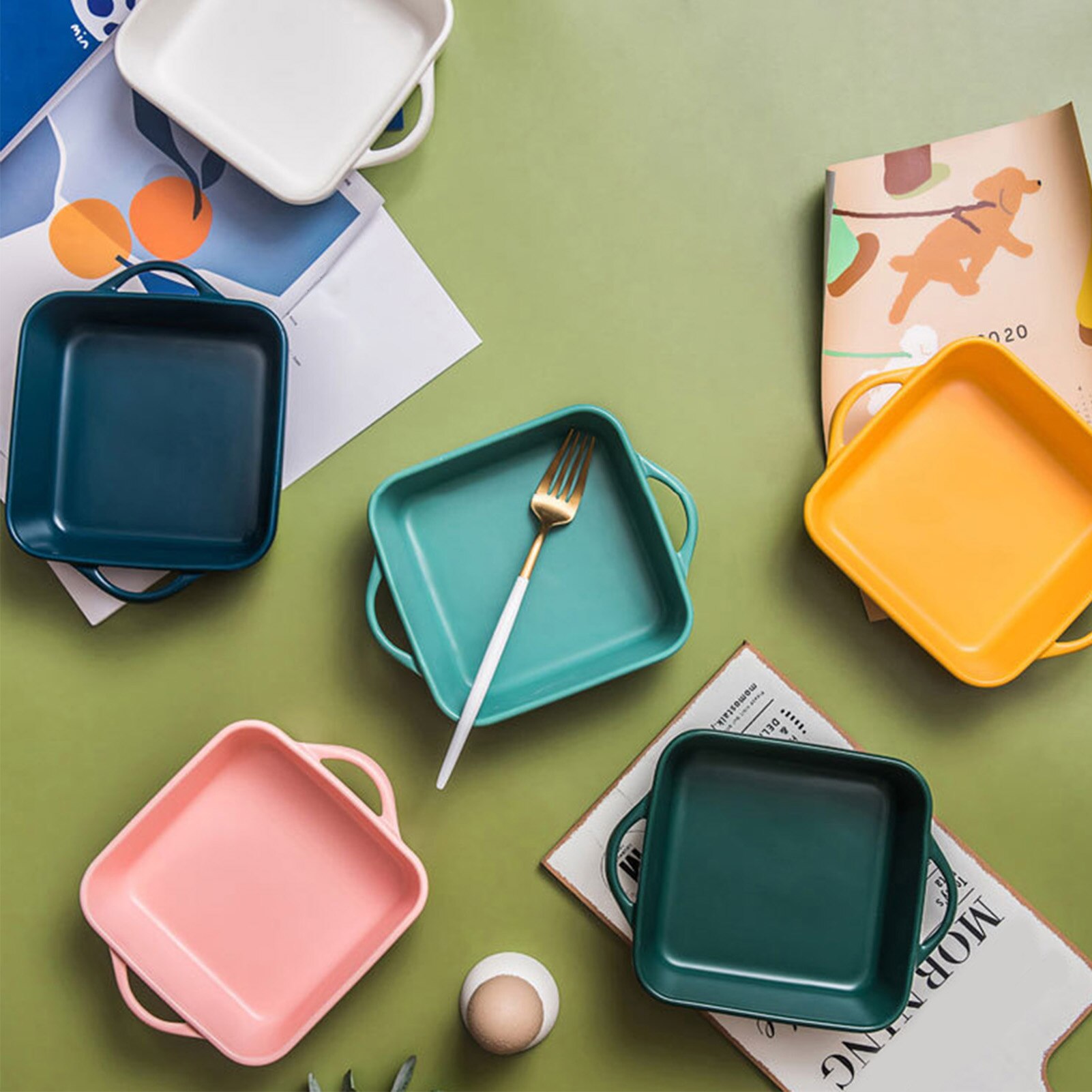 Ceramic color glazed binaural baking tray Simple pasta baked rice tray Barbecue grilled meat cheese tray Kitchen cooking tools