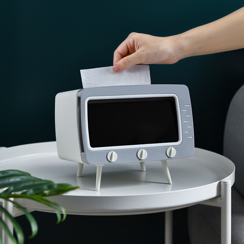 Boîte à mouchoirs créative en forme de télévision avec support de téléphone portable, distributeur Vintage pour serviettes de table, multifonctionnelle, nouveauté