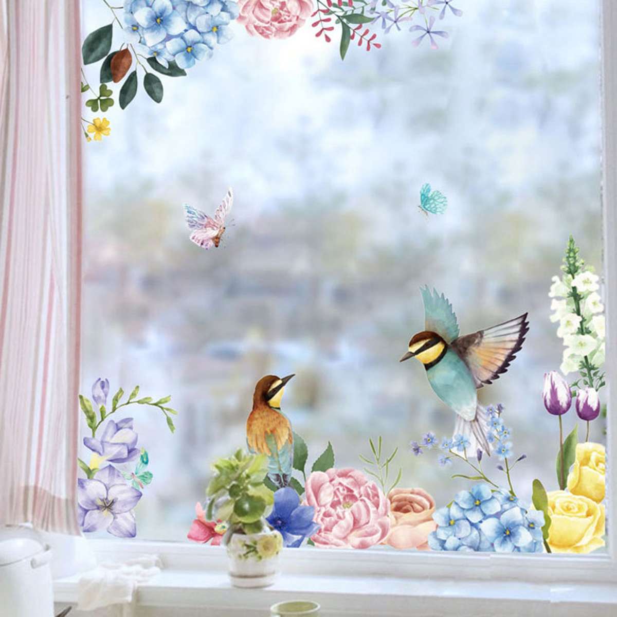 Spring Flower Bird Wall Stickers Window Decals Home Decor for Bedroom Living Room Kitchen DIY PVC Mural Arts Wall Decals