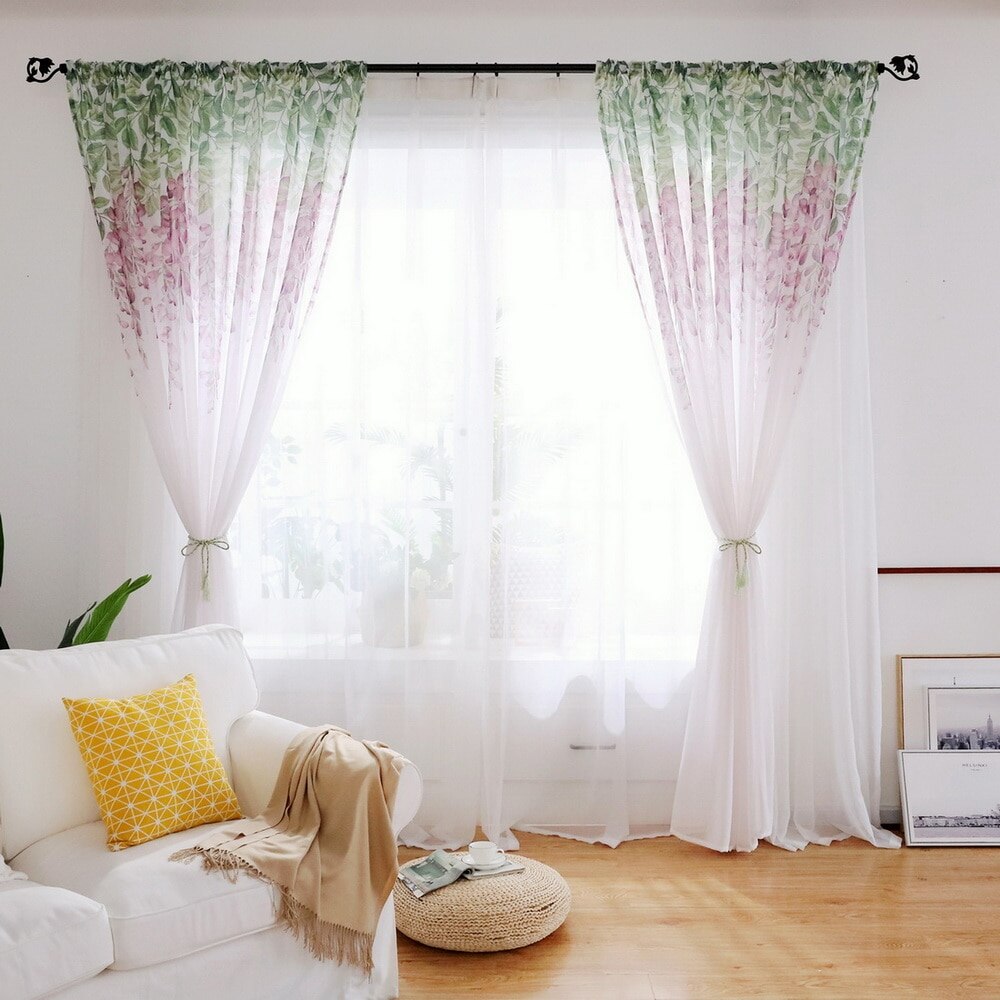 Tulle Curtain Printed Modern Flower Separated Tulle Living Room Bedroom Kitchen Draped Panel Transparent Home