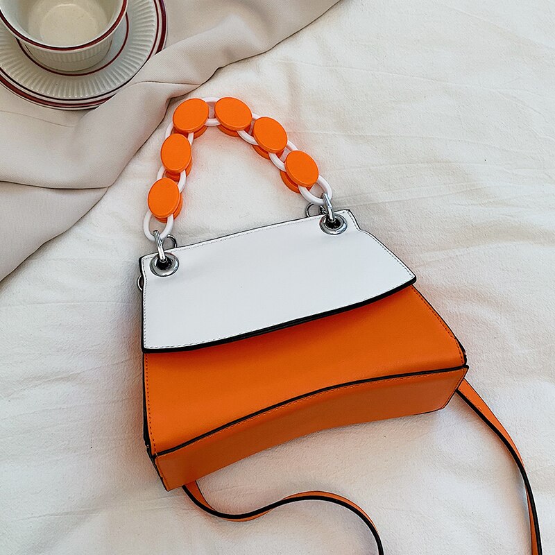 Contrast Kleur Vierkante Tote Bag Hoge Pu Leer Vrouwen Handtas Reizen Schouder Messenger tas: Orange