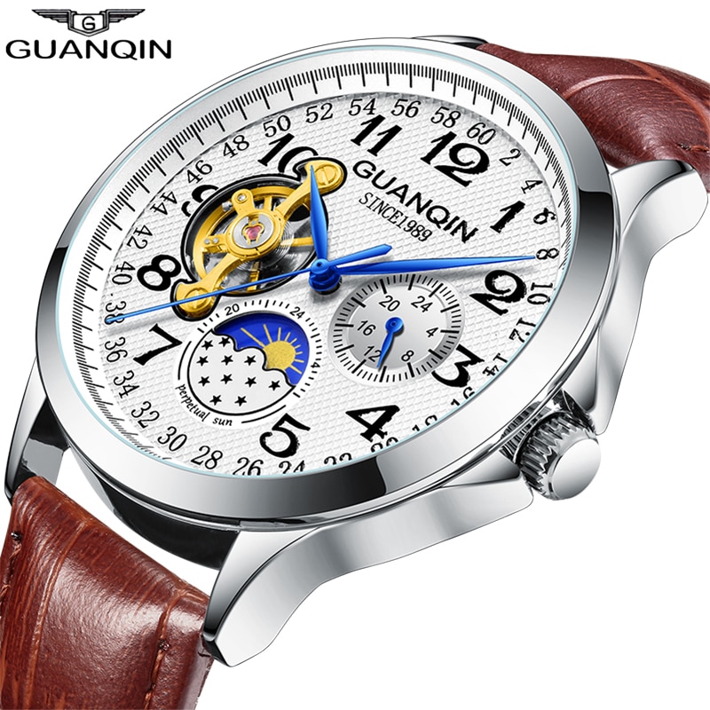 Guanqin Heren Horloges Top Brand Luxe Skeleton Lederen Sport Tourbillon Automatische Mechanische Horloges