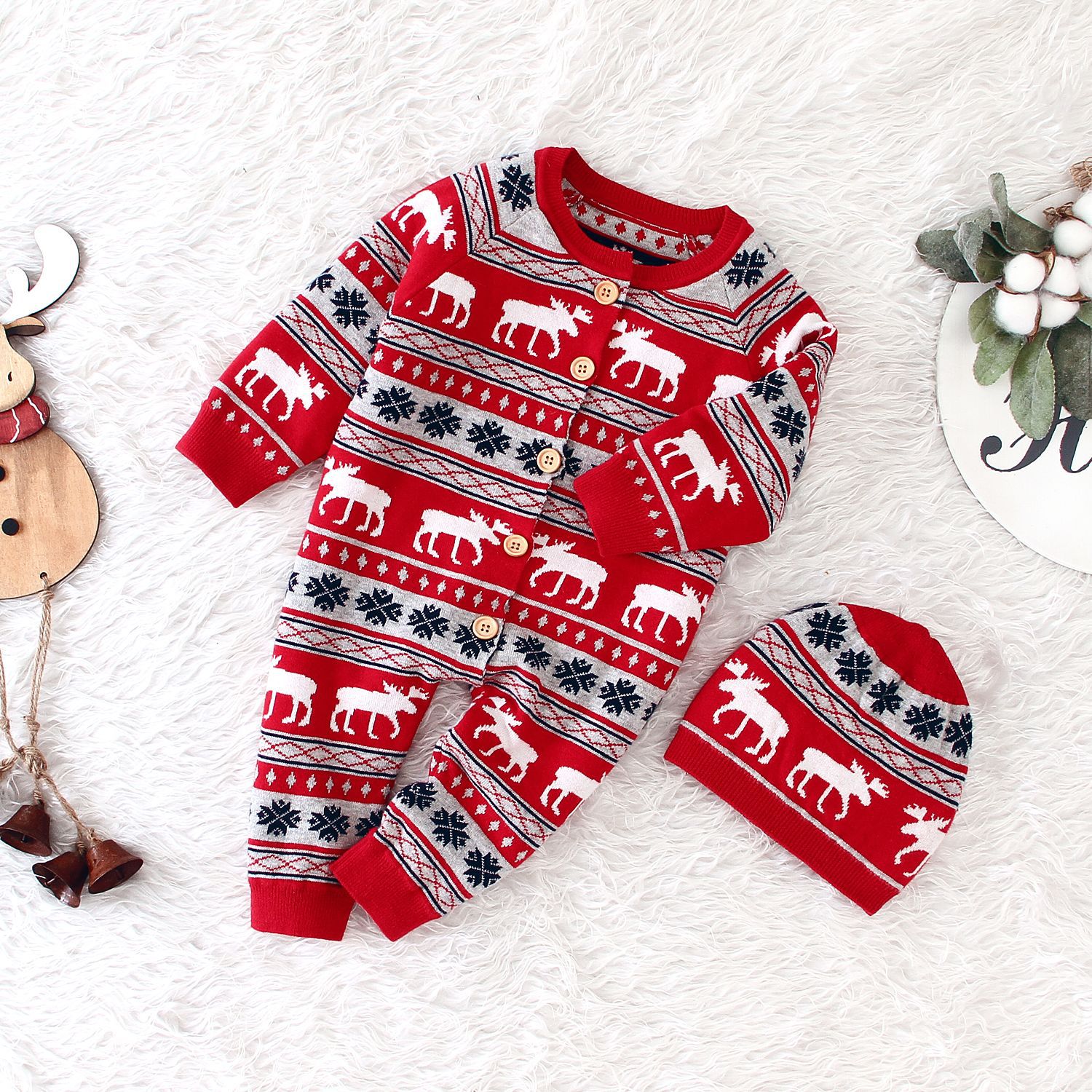 Baby Mädchen Weihnachten Strampler Herbst Langarm Neugeborenen Jungen Overalls Rentier Gestrickte Kleinkind Overalls Kinder Kleidung: hong / 70