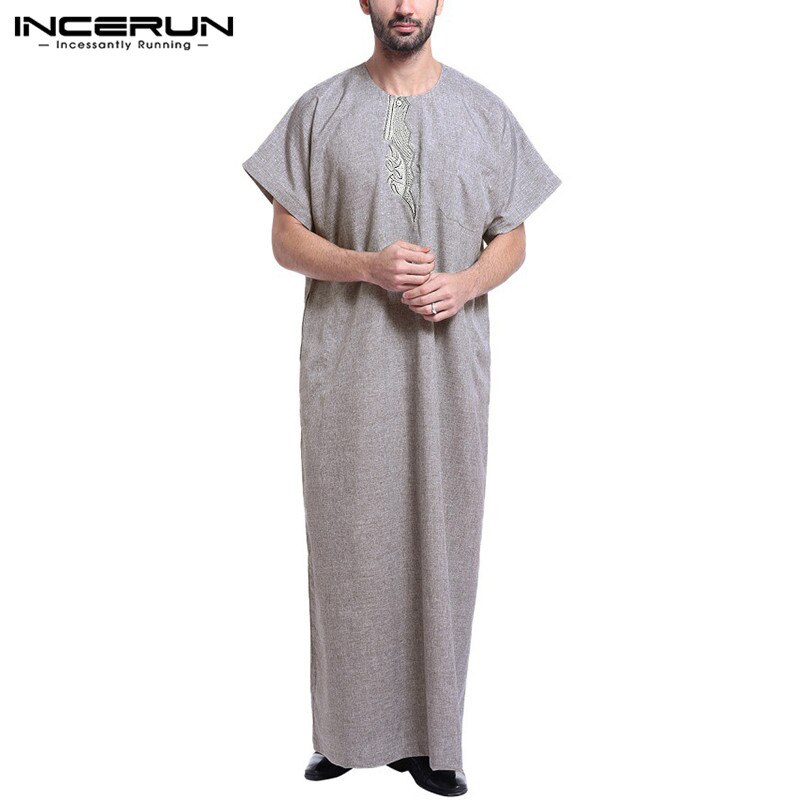 Indiase Kleding Heren Dress Loungewear Moslim Badjas Gown Lounge Saudi Arabische Islamitische Thobe Gewaad Kaftan Korte Mouw Thobe: Grey / 4XL