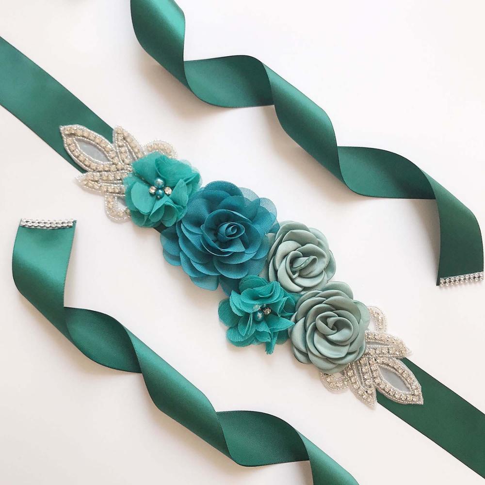 MOLANS, perlas, vestido, cinturones, flores de Gasa sólido, faja nupcial, cinta hecha a mano con diamantes de imitación, banda para la cintura, accesorios de boda para novia: green