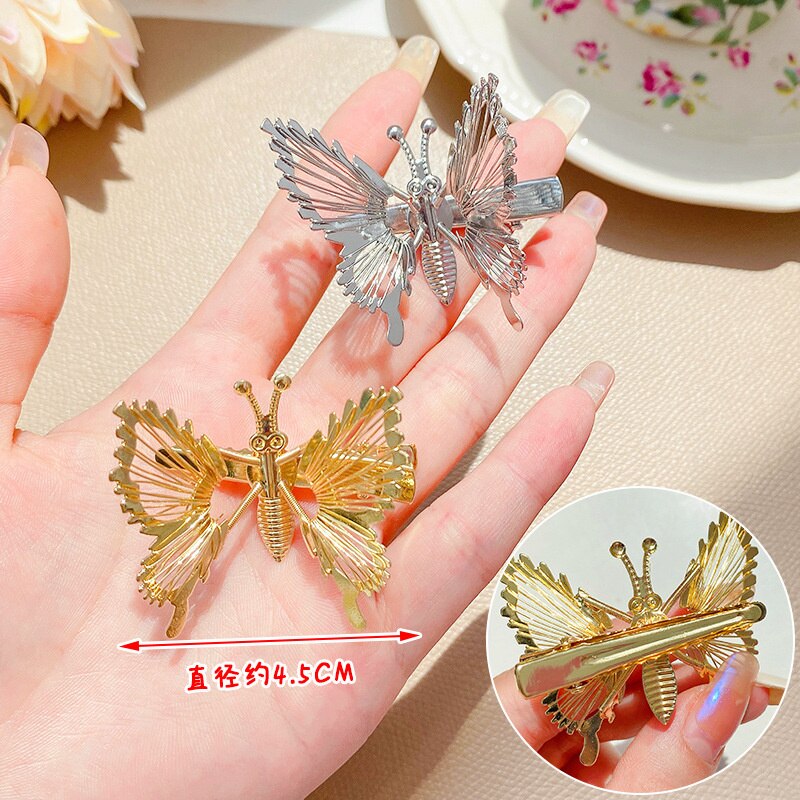 2022 Spring Gold Silver Butterfly Movable Wings Hairpin For Girl Children 4.5cm Long Cute Princess Hairpin Barrettes Accessories
