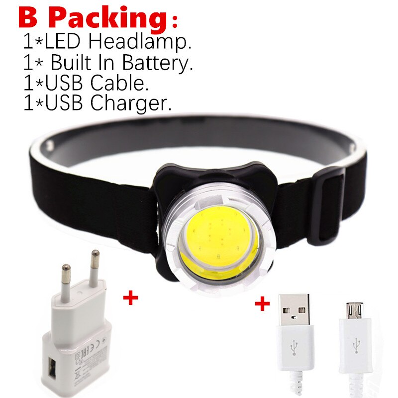 USB Rechargeable With built-in battery Headlamp Headlight flashlight COBRed / white Lighting Portable lantern: B Packing