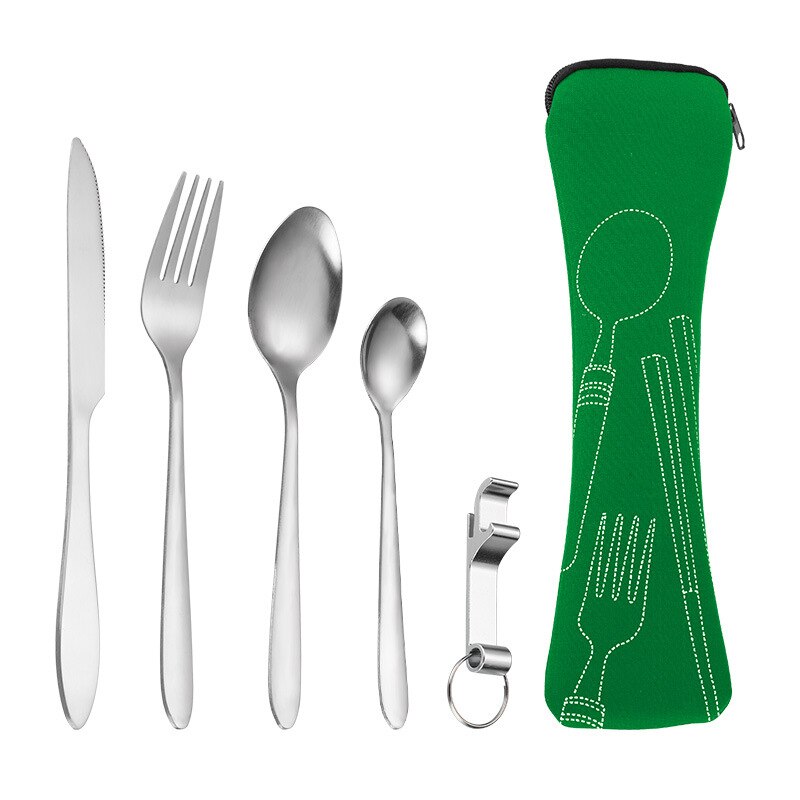 Portable Tableware Bag Cutlery Bag Dinner Set Travel Packaging Storage Box Dinnerware Picnic Fork Spoon Bag Tableware with Bag: Green  5pcs