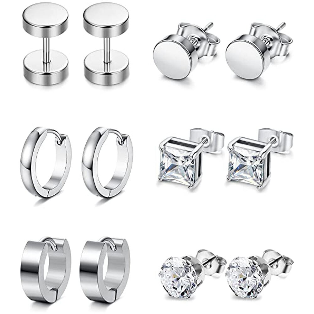 6 Pairs Stainless Steel CZ Stud Earrings for Women Mens Huggie Hoop Earrings Ear Piercing Silver: Set 6 Pair