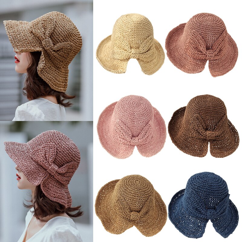 Women Lady Straw Foldable Bucket Hat Bowknot Wide Brim Cap Breathable for Outdoor Fishing Beach Sun Fisherman Hats Summer