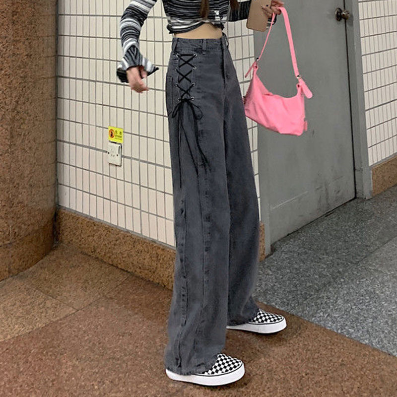 Jean gothique taille haute pour femme, pantalon en Denim, à jambes larges, à lacets sur le côté, Harajuku Y2K, Streetwear, droit