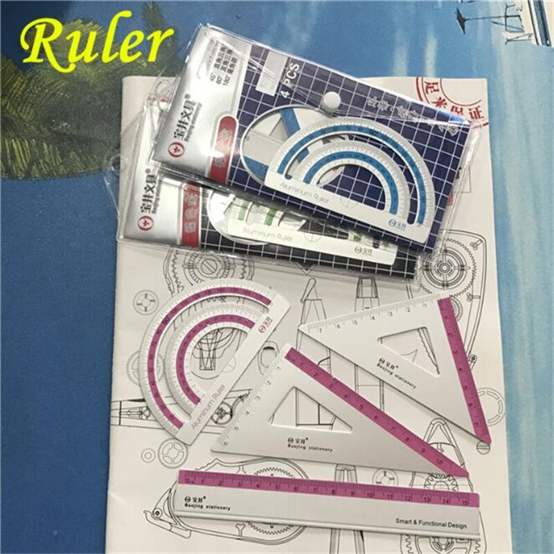 4pcs/set UV Aluminum Alloy Ruler Drawing Measurement Geometry Triangle Ruler Straightedge Protractor A Variety Of Rulers