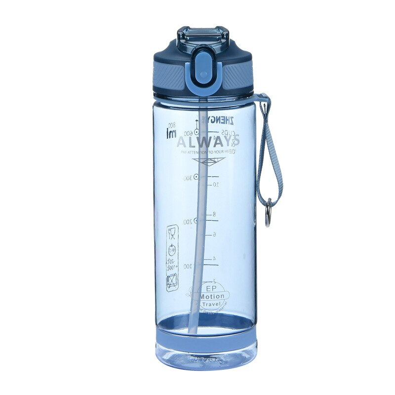 800ml sportvattenflaskor med sugrör för camping vandring utomhus plast transparent bpa gratis flaska för män drinkware: Blå