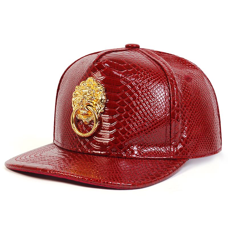 Snapback Men Flat Baseball Cap Golden Lion Loop Multi Color Figure PU Leather Hip Hop Cap Punk Casual Street Trend Caps: Red
