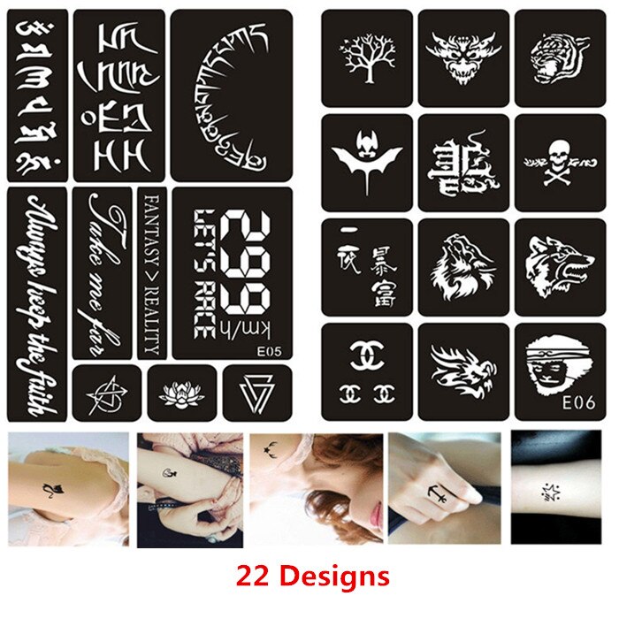 22 Stks/set Henna Tattoo Stencils Resuable Airbrush Stencil Arabische Woorden Tijger Wolf Schmink Sjabloon Body Art