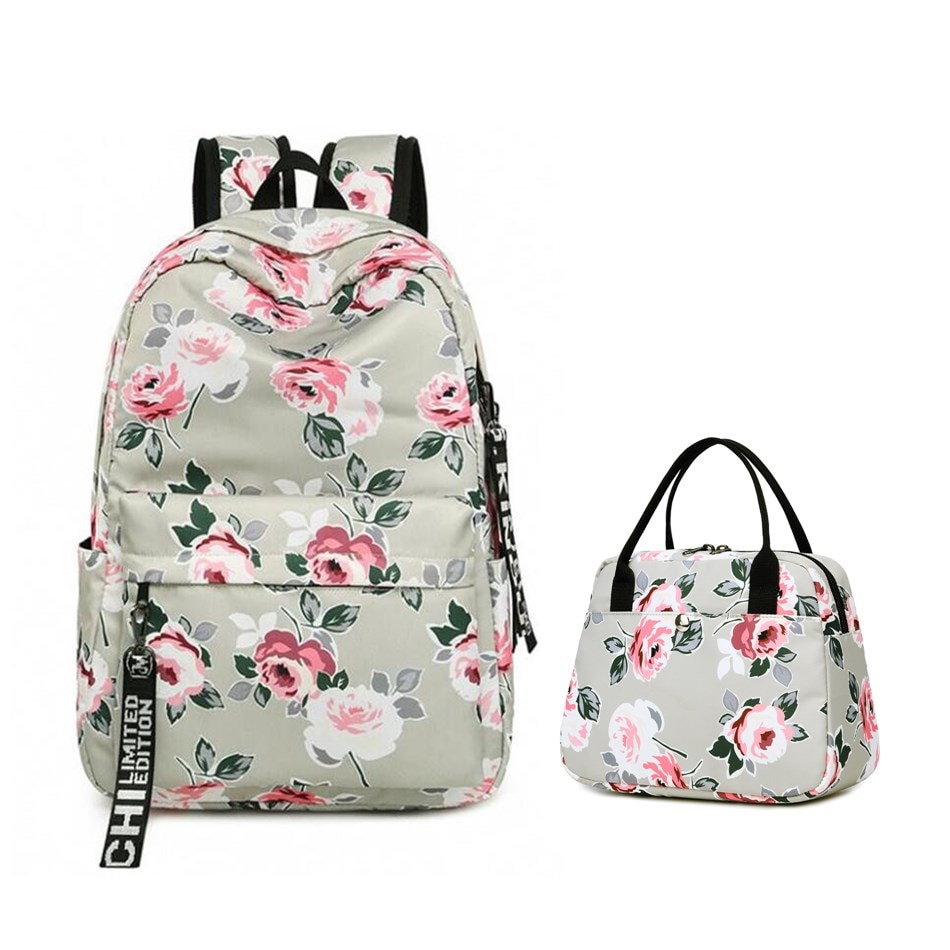 Okkid blomster rygsæk til piger sort blomst udskrivning rygsæk børn skoletasker børn bog taske sæt: Beige