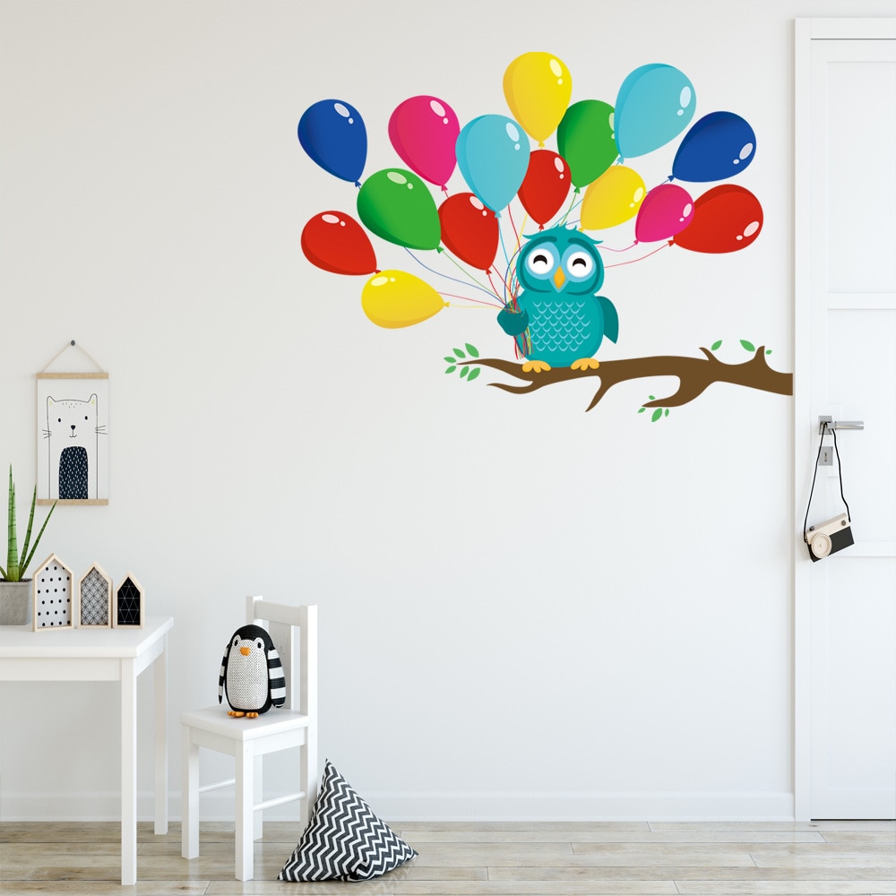Autocollant de dessin animé branche d&#39;arbre hibou, arrière-plan avec ballons, décor de chambre à coucher pour enfants, Stickers artistiques muraux pour porte, papier peint de pépinière