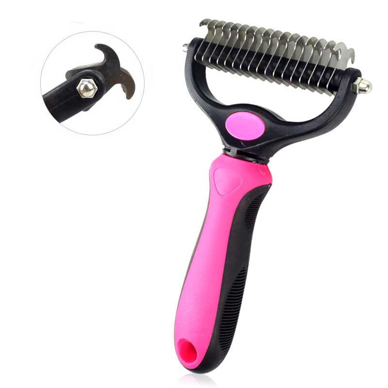 Hair Removal Comb for Dogs Cat Detangler Fur Trimming Dematting Deshedding Brush Grooming Tool For matted Long Hair Curly Pet: Pink 2