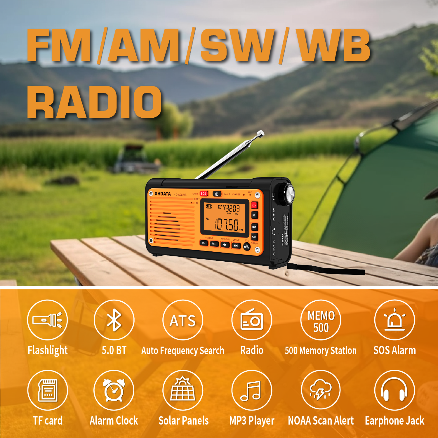 XHDATA D-608WB Awaryjne radio pogodowe FM/AM/SW/NOAA Przenośne radio z ładowarką do telefonu, Bluetooth, zasilanie bateryjne