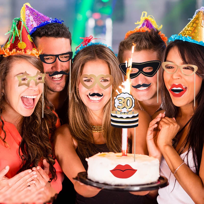 34pcs/set Birthday Photo Booth Props 18 21 30 40 50 Beard Glasses Lipstick Cake Props for Birthday Party Decoration