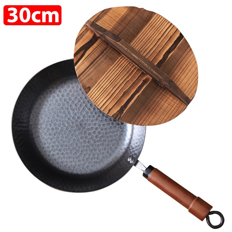 Cast Iron Wok Pan Traditional Cookware Iron Wok Induction Compatible Non-stick Frying Pan Non-coating Pan: 30cm With Lid