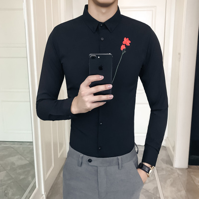 Camisa coreana para hombre, de primavera, ajustada, con bordado, informal, de manga larga, para caballeros, blusas sociales.: Negro / Asiático 5xl 85-95kg