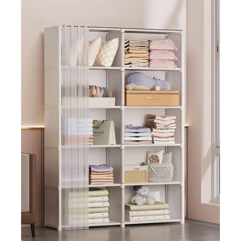 Multi-layer Storage Rack Portable Clothes Organizer Cabinet Dustproof Wardrobe Storage Cabinet Multifunctional with Curtains