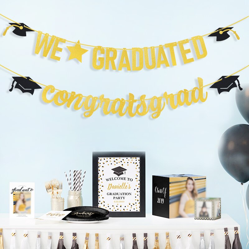 Graduation Party Bunting Banner Gold Black Paper Letter Flags Paper Garland Gratuation Party Decor Congrats Grad Congratulations