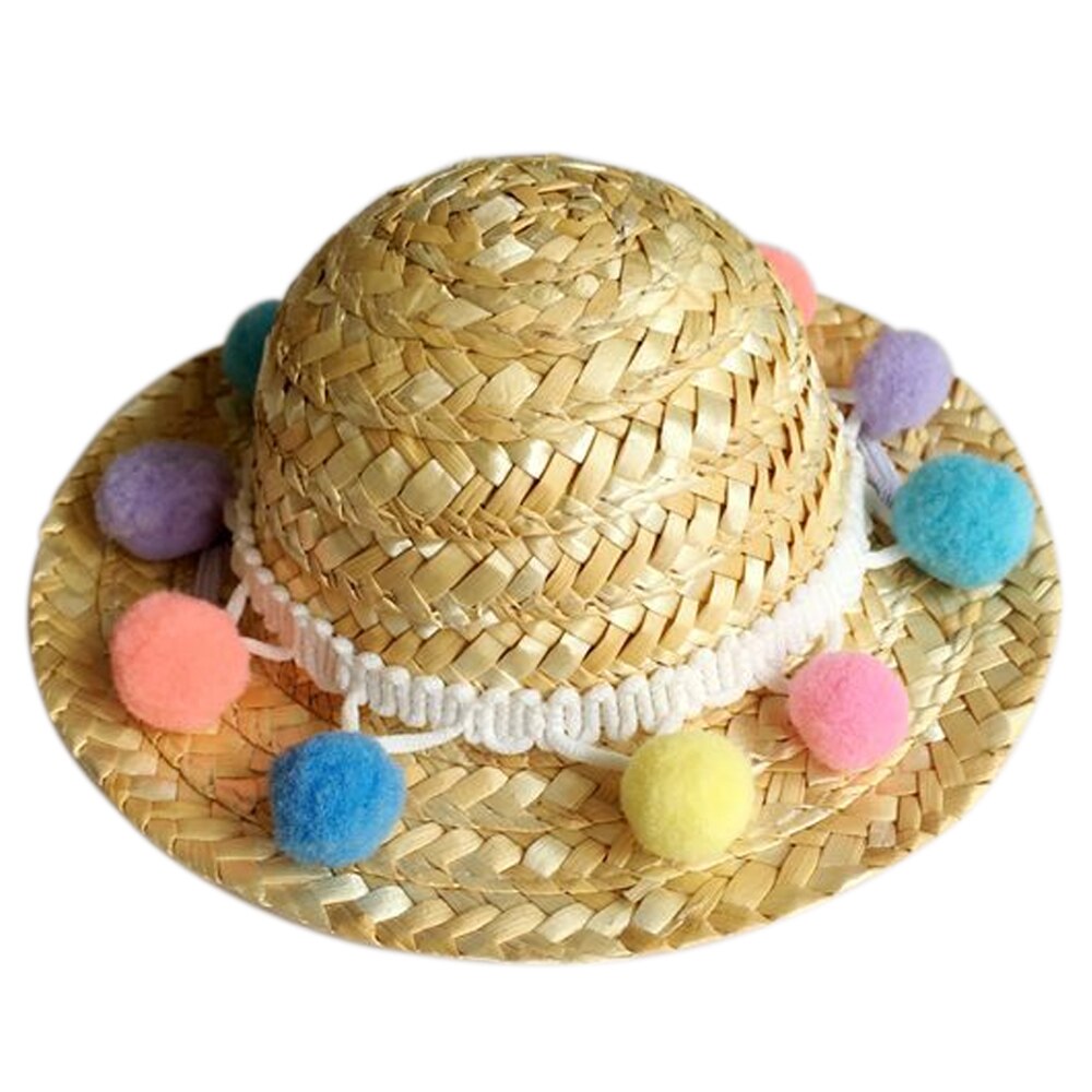 Behogar śmieszne słodkie zwierzęta domowe są słomy tkane kapelusz przeciwsłoneczny z kolorowe kulki dla małych psów kot kotek szczeniak festiwal urodziny impreza dostaw: A