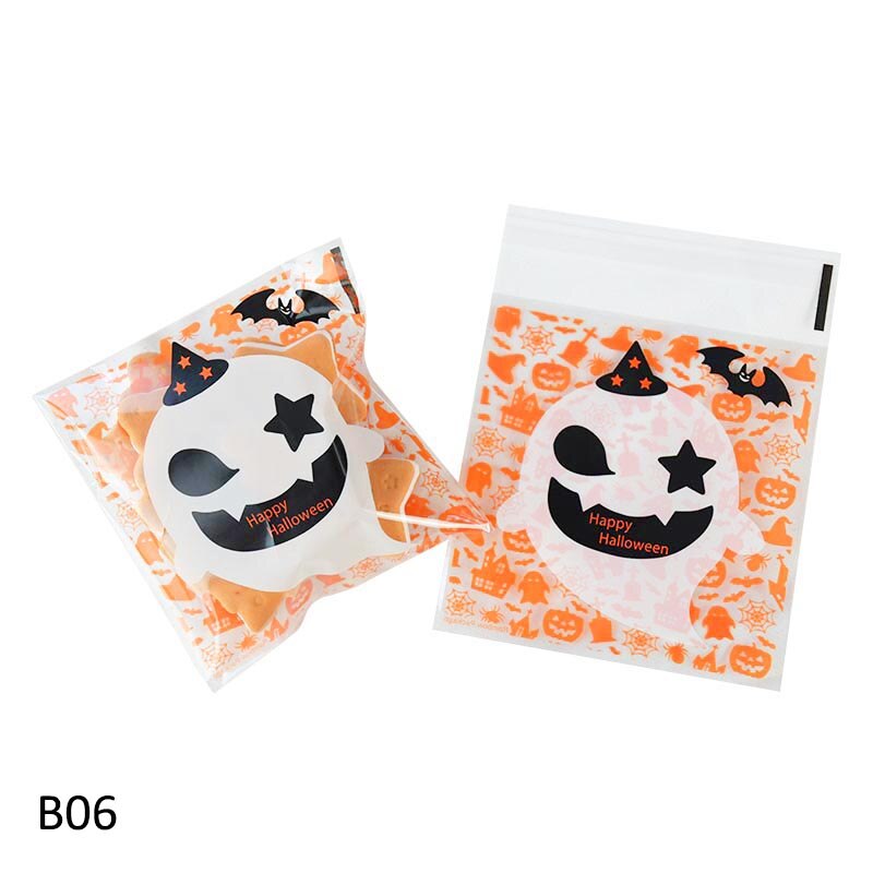 10*10cm läpinäkyvää muovia karkkipussi halloween herkkupussi keksi keksit pakkaus halloween syntymäpäiväjuhlien sisustustarvikkeet: B06 haamu / 100 kpl