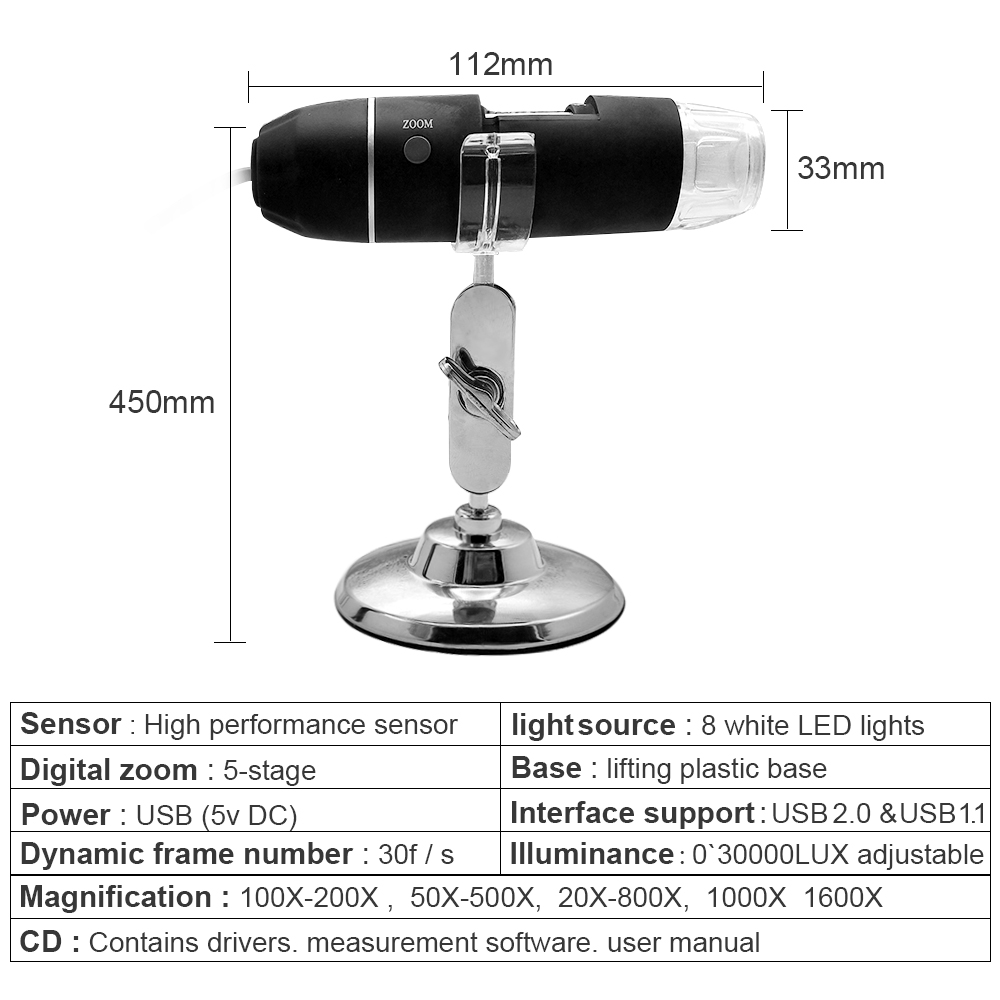 Digital Microscope Mega Pixels 50X-1600X 8 LED USB Microscope Microscopio Magnifier Electronic Stereo USB Endoscope Camera