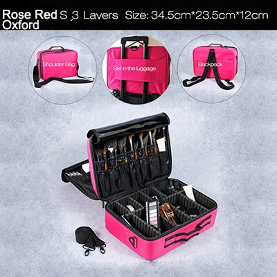Clapboard Cosmetic Bag Leather Make Up Box Large Capacity Storage Handbag Travel Insert Toiletry Makeup Suitcase: Rose Red S 3 Layers