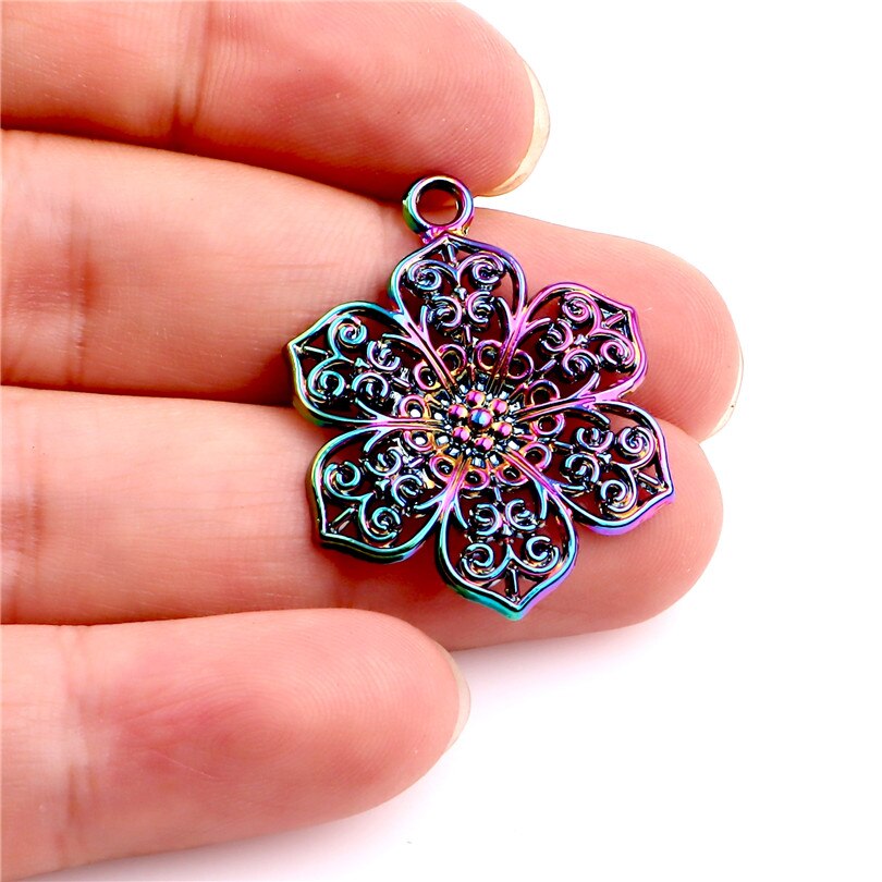 5pcs/lot Rainbow Color Zinc Alloy Flower pendant Charms fit Necklace Halloween Christmas pendant women's Men jewelry