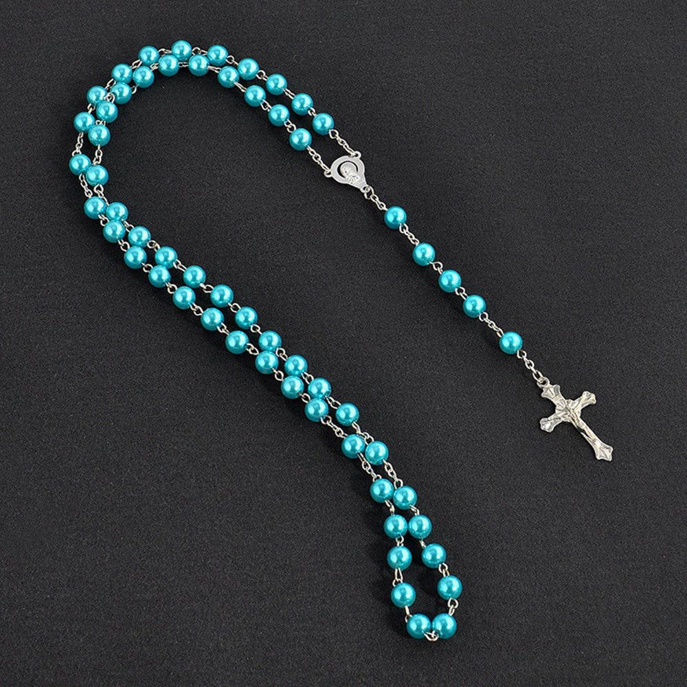 Rozenkrans Handgemaakte Ronde Glazen Imitatie Parel Kraal Alloy Cross Hanger Christian Katholieke Religieuze Hangers Ketting