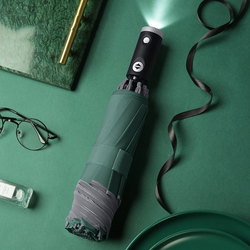 Automatic Umbrella 10 Ribs Windproof Reflective Stripe Umbrella Folding Travel Umbrellas with LED Light Flashlight: Green