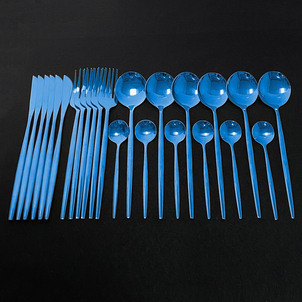 Explosion24Pcs Bunte Geschirr Set Edelstahl Besteck Set Küche Spiegel Gold Geschirr Set Messer Gabel Löffel Geschirr: Blau