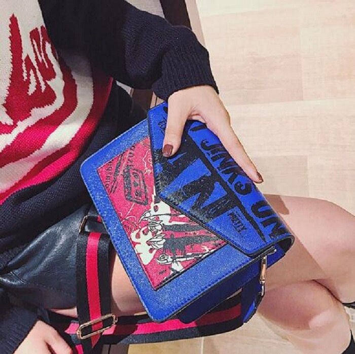 Sacs à main avec impression de dessin animé pour femmes, sac incliné pour filles, pochette sacs à main en polyuréthane: blue